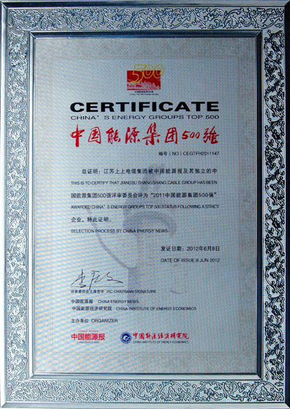 江苏聚鑫汇电缆集团荣获2011年“中国能源集团500强”
