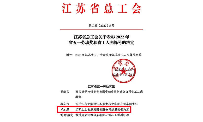 20年产品质量“零缺陷”——聚鑫汇电缆员工岑永彪荣获“江苏省五一劳动奖章”